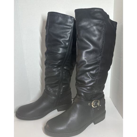 XOXO Marah-C Black Knee High Boots 8.5M Faux Leather Slouch Buckle Zip Riding - Picture 2 of 16